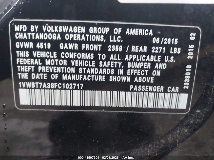 2015 VOLKSWAGEN PASSAT VIN: 1VWBT7A38FC102717