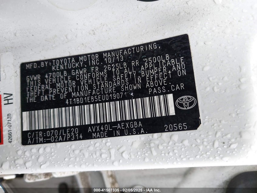 2014 TOYOTA AVALON HYBRID VIN: 4T1BD1EB5EU019071