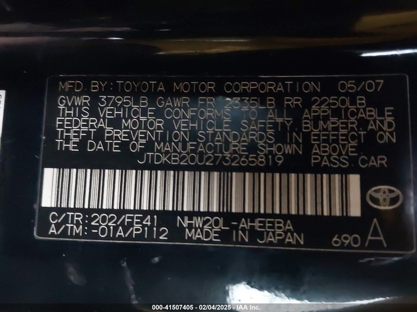 2007 TOYOTA PRIUS VIN: JTDKB20U273265819