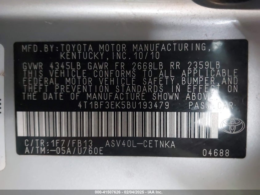 2011 TOYOTA CAMRY VIN: 4T1BF3EK5BU193479