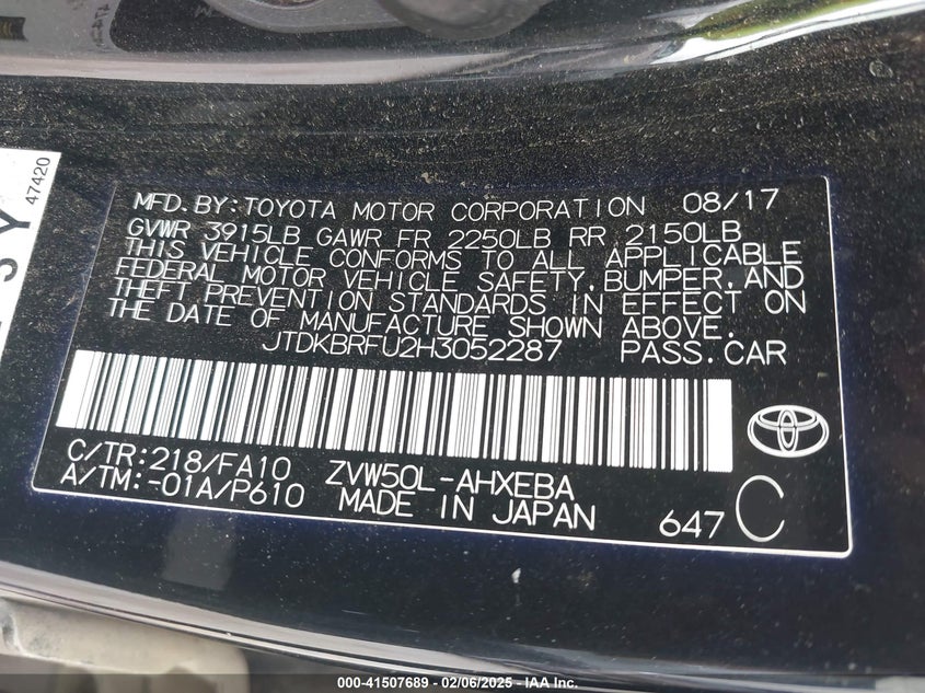 2017 TOYOTA PRIUS VIN: JTDKBRFU2H3052287
