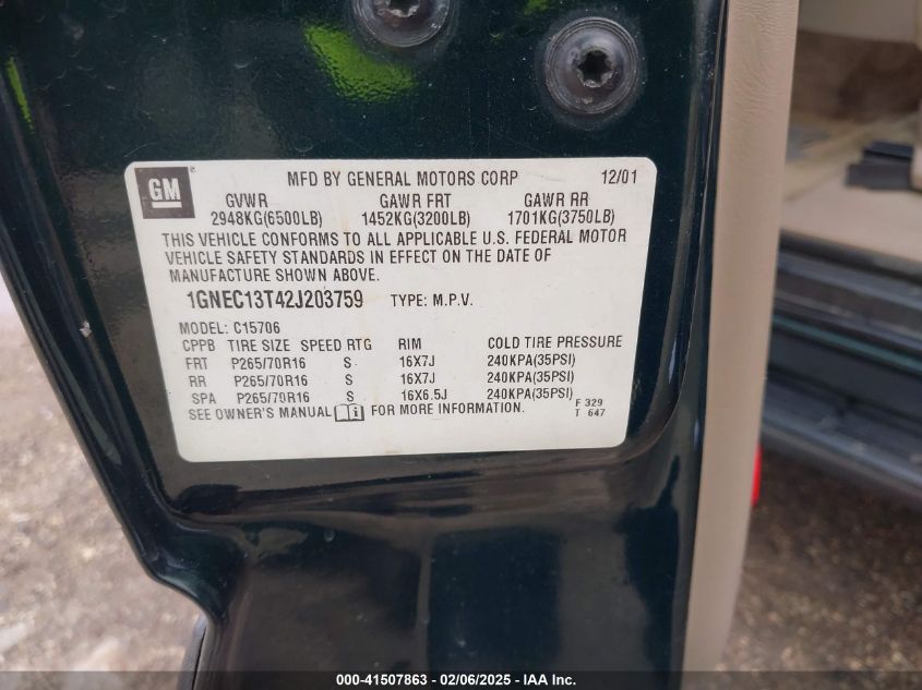 2002 Chevrolet Tahoe Ls VIN: 1GNEC13T42J203759 Lot: 41507863