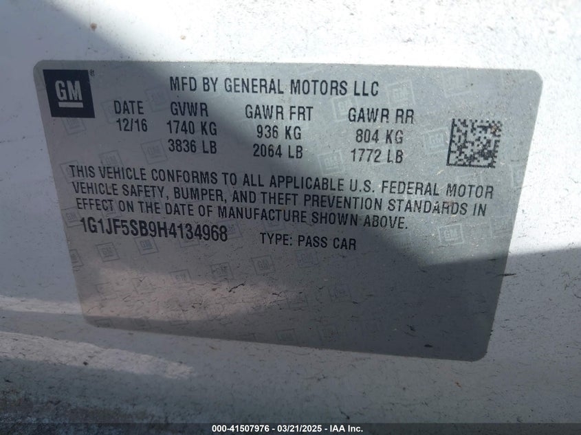 2017 CHEVROLET SONIC VIN: 1G1JF5SB9H4134968
