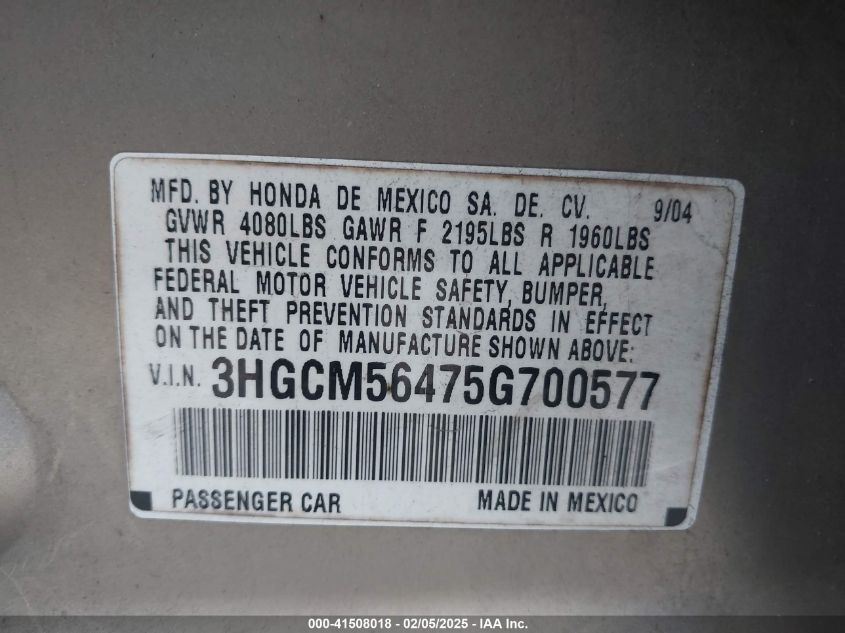2005 Honda Accord 2.4 Lx VIN: 3HGCM56475G700577 Lot: 41508018