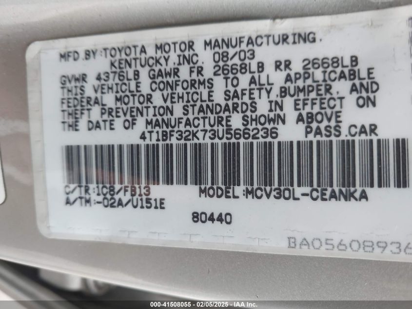 2003 Toyota Camry Le V6 VIN: 4T1BF32K73U566236 Lot: 41508055