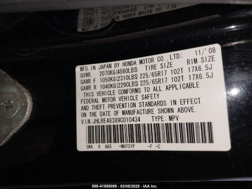 2009 Honda Cr-V Lx VIN: JHLRE48389C010434 Lot: 41508059