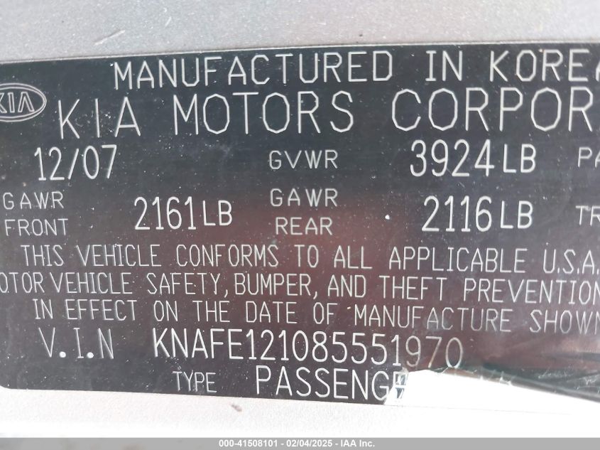 2008 Kia Spectra Ex VIN: KNAFE121085551970 Lot: 41508101