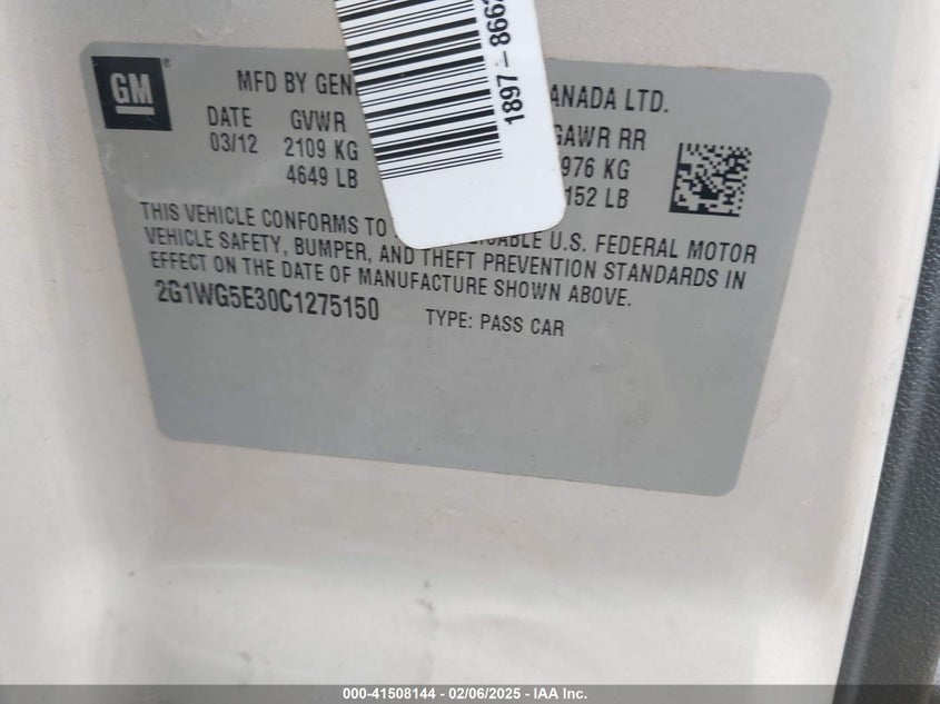 2012 CHEVROLET IMPALA VIN: 2G1WG5E30C1275150