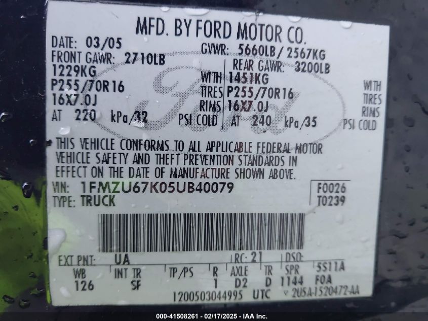 2005 Ford Explorer Sport Trac Adrenalin/Xls/Xlt VIN: 1FMZU67K05UB40079 Lot: 41508261