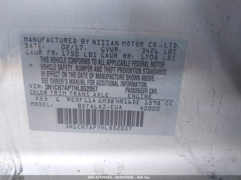 2017 NISSAN VERSA 1.6 S+ - 3N1CN7AP7HL852057