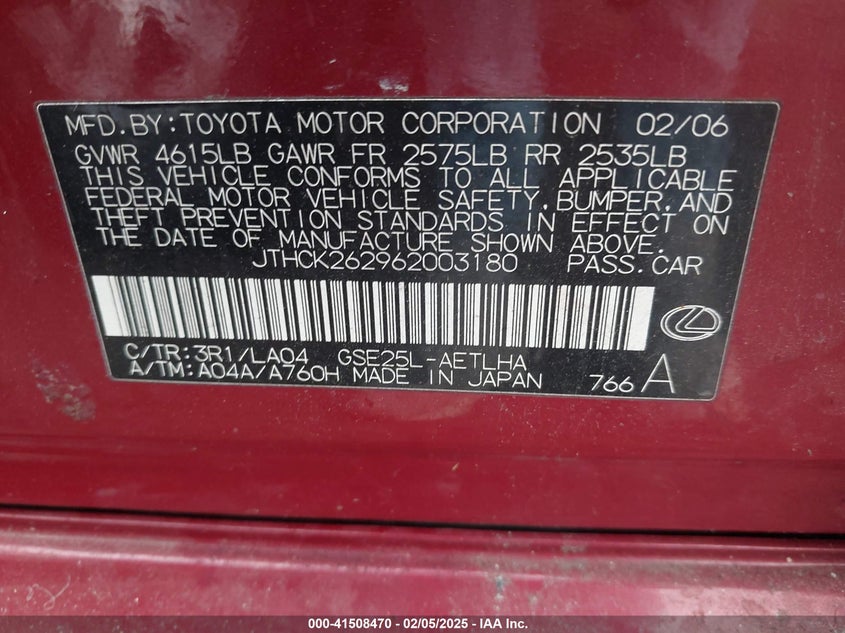 2006 Lexus Is 250 VIN: JTHCK262962003180 Lot: 41508470