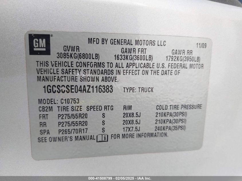 2010 Chevrolet Silverado 1500 Lt VIN: 1GCSCSE04AZ116383 Lot: 41508799