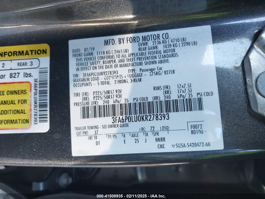 2019 FORD FUSION HYBRID VIN: 3FA6P0LU0KR278393