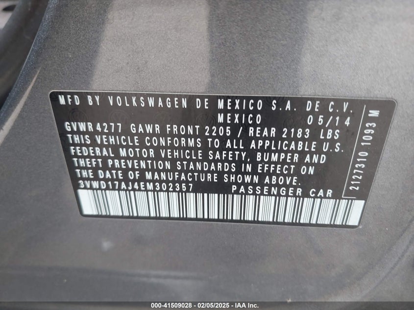 2014 VOLKSWAGEN JETTA VIN: 3VWD17AJ4EM302357