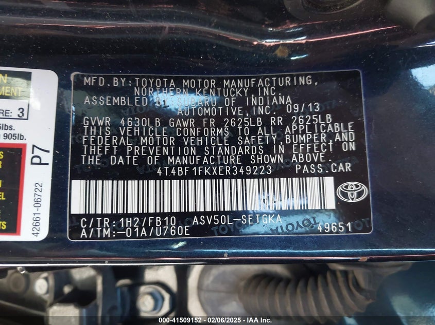 2014 TOYOTA CAMRY VIN: 4T4BF1FKXER349223