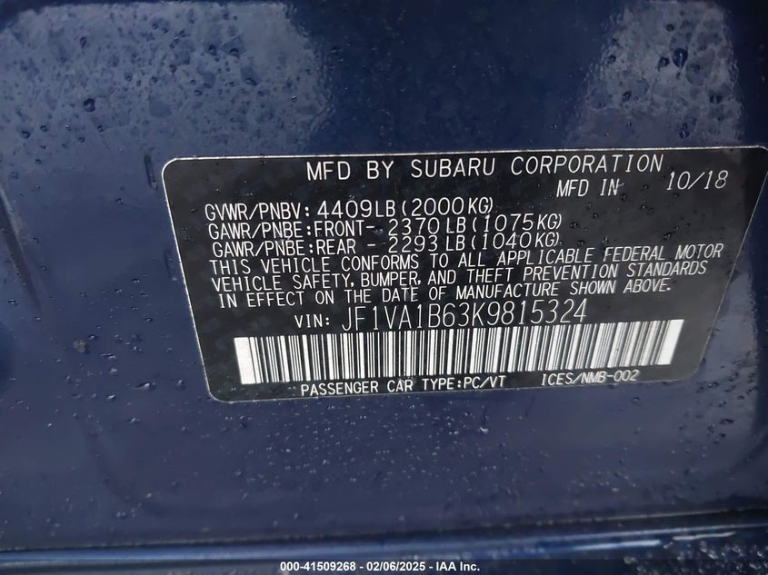 2019 Subaru Wrx Premium VIN: JF1VA1B63K9815324 Lot: 41509268