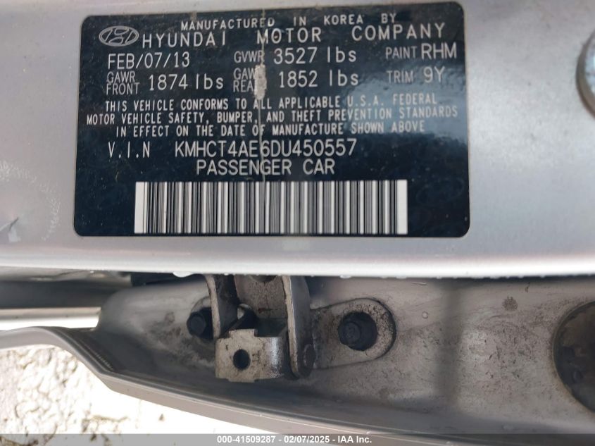 2013 Hyundai Accent Gls VIN: KMHCT4AE6D4450557 Lot: 41509287