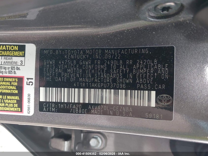 2023 TOYOTA CAMRY VIN: 4T1R11AK6PU737096