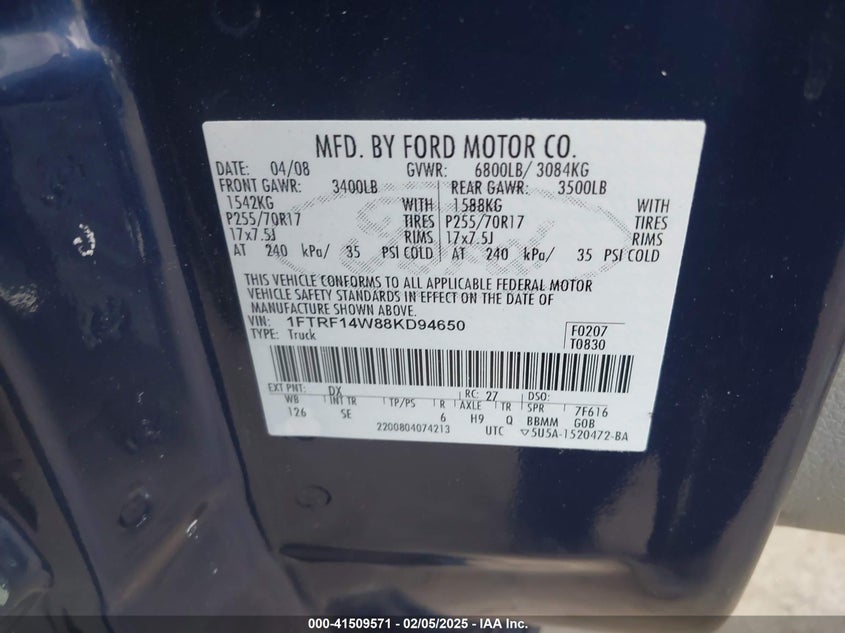 2008 FORD F-150 VIN: 1FTRF14W88KD94650