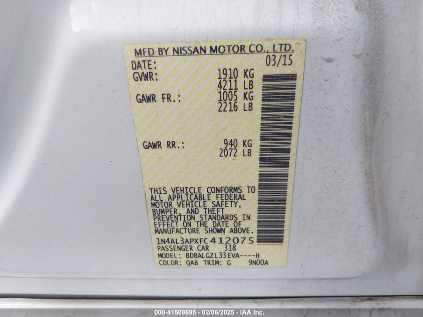 2015 NISSAN ALTIMA VIN: 1N4AL3APXFC412075