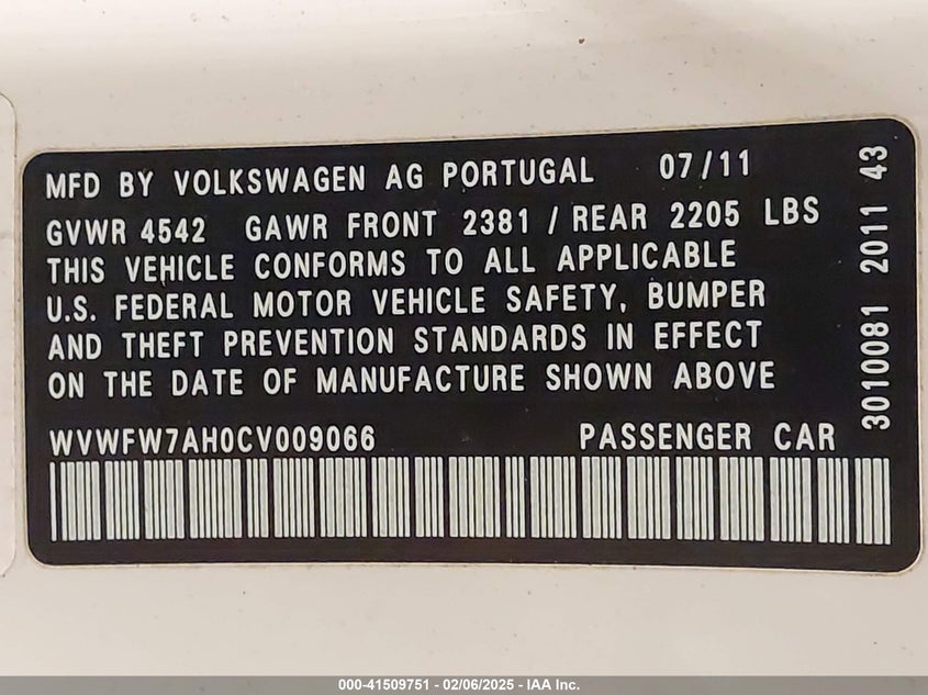 2012 VOLKSWAGEN EOS VIN: WVWFW7AH0CV009066
