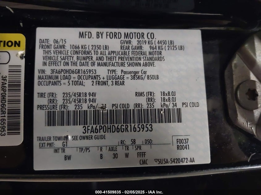 2016 FORD FUSION VIN: 3FA6P0HD6GR165953