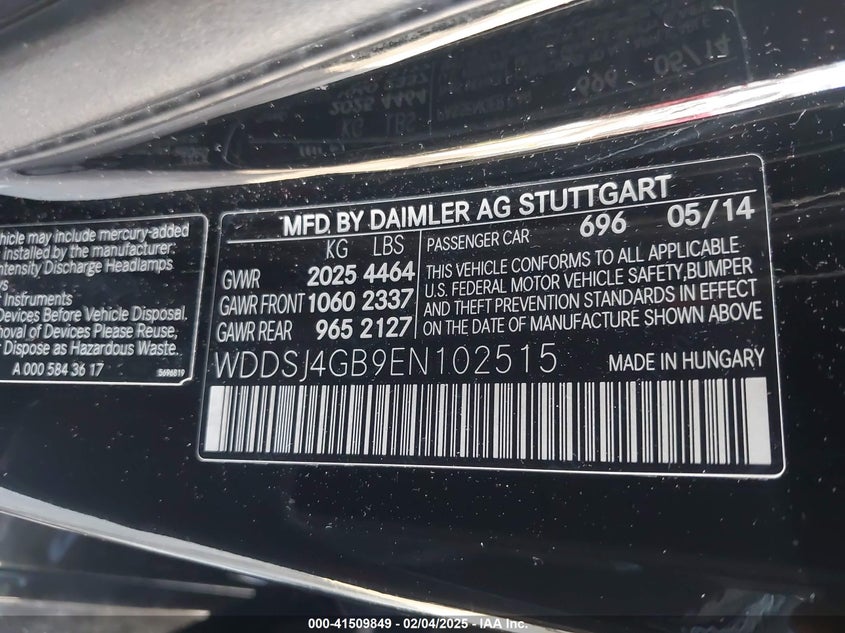 2014 MERCEDES-BENZ CLA 250 VIN: WDDSJ4GB9EN102515