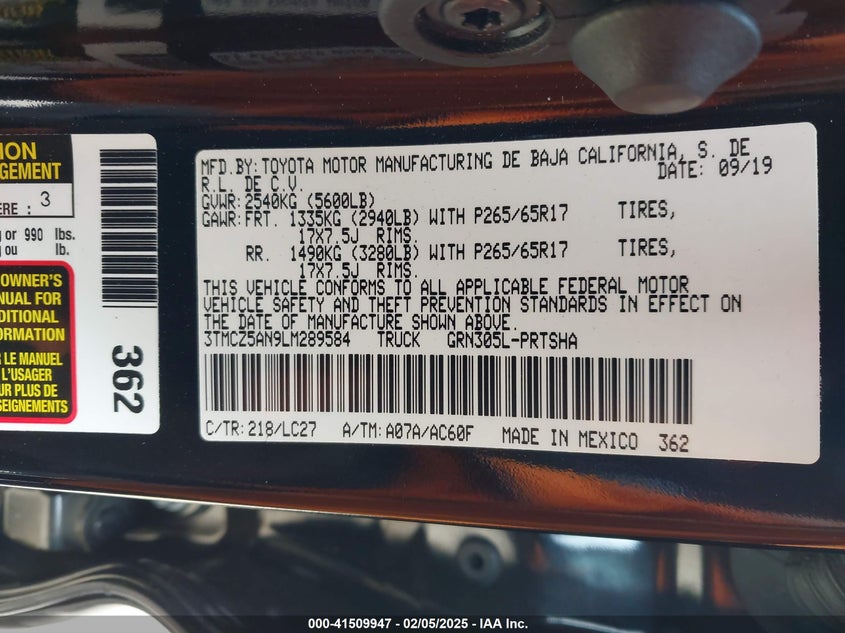 2020 TOYOTA TACOMA DOUBLE CAB/SR/SR5/TRD SPORT/TRD OFF ROAD/TRD PRO - 3TMCZ5AN9LM289584