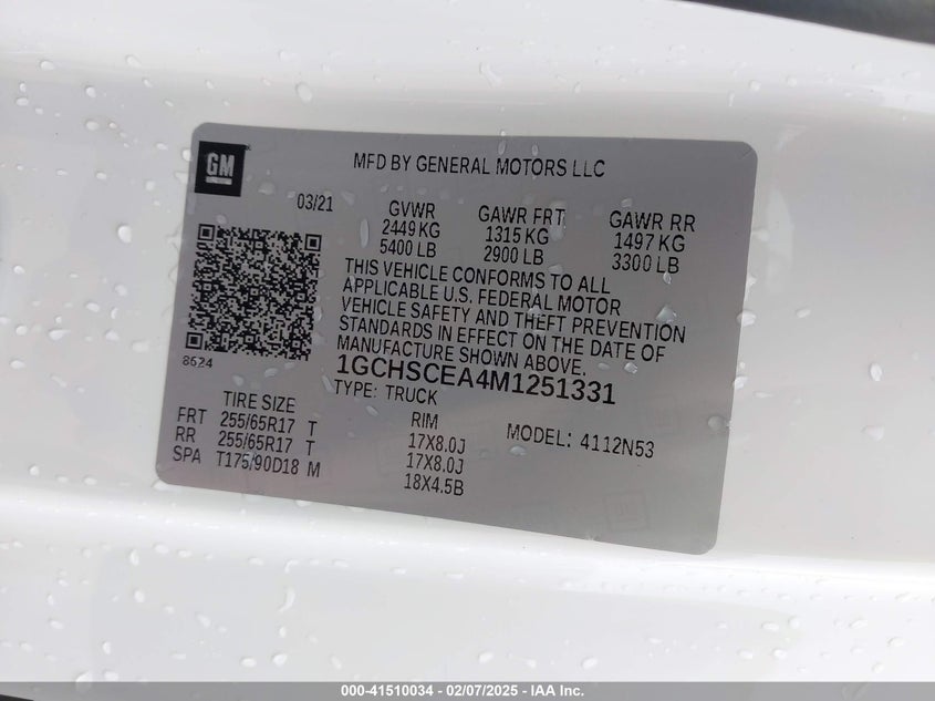 2021 CHEVROLET COLORADO VIN: 1GCHSCEA4M1251331