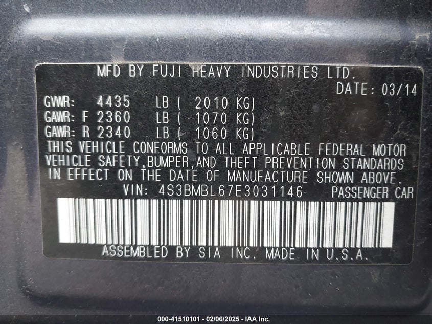 2014 SUBARU LEGACY VIN: 4S3BMBL67E3031146