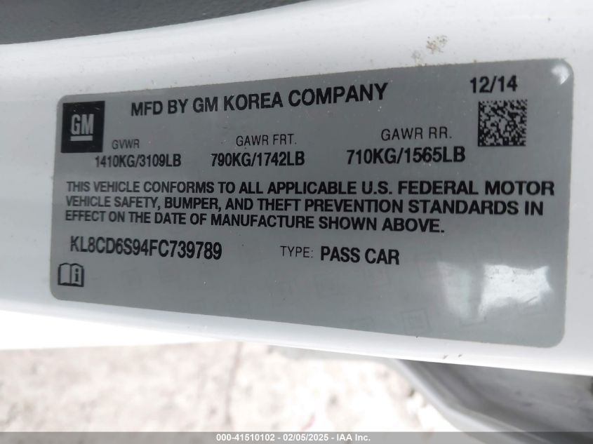 2015 Chevrolet Spark 1Lt Cvt VIN: KL8CD6S94FC739789 Lot: 41510102