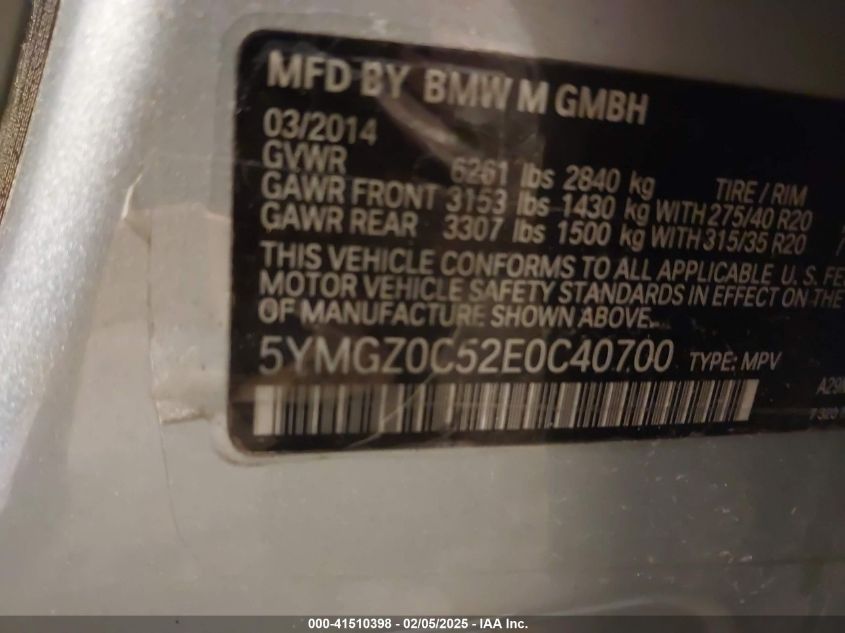 2014 BMW X6 M VIN: 5YMGZ0C52E0C40700 Lot: 41510398