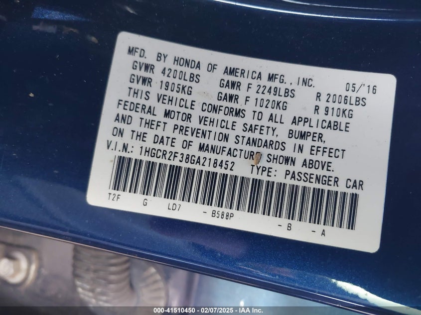2016 HONDA ACCORD VIN: 1HGCR2F38GA218452
