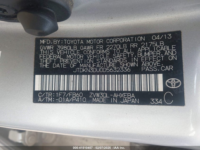 2013 TOYOTA PRIUS VIN: JTDKN3DU0D5632336