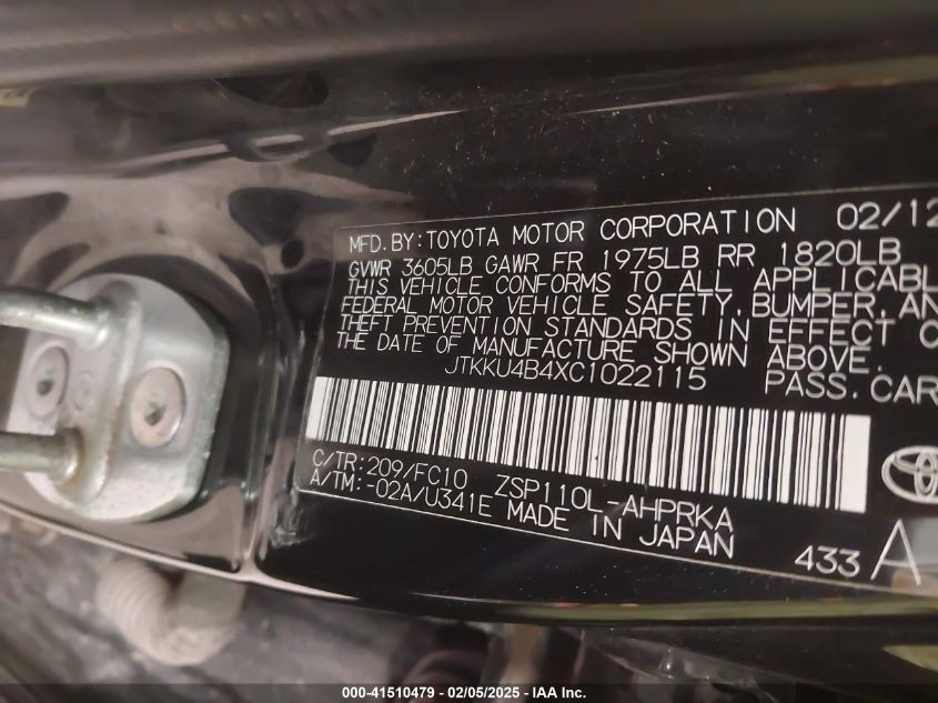 2012 Scion Xd Base (A4) VIN: JTKKU4B4XC1022115 Lot: 41510479