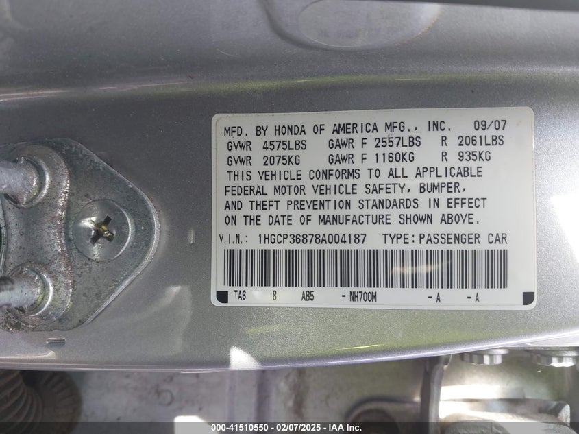 2008 HONDA ACCORD VIN: 1HGCP36878A004187