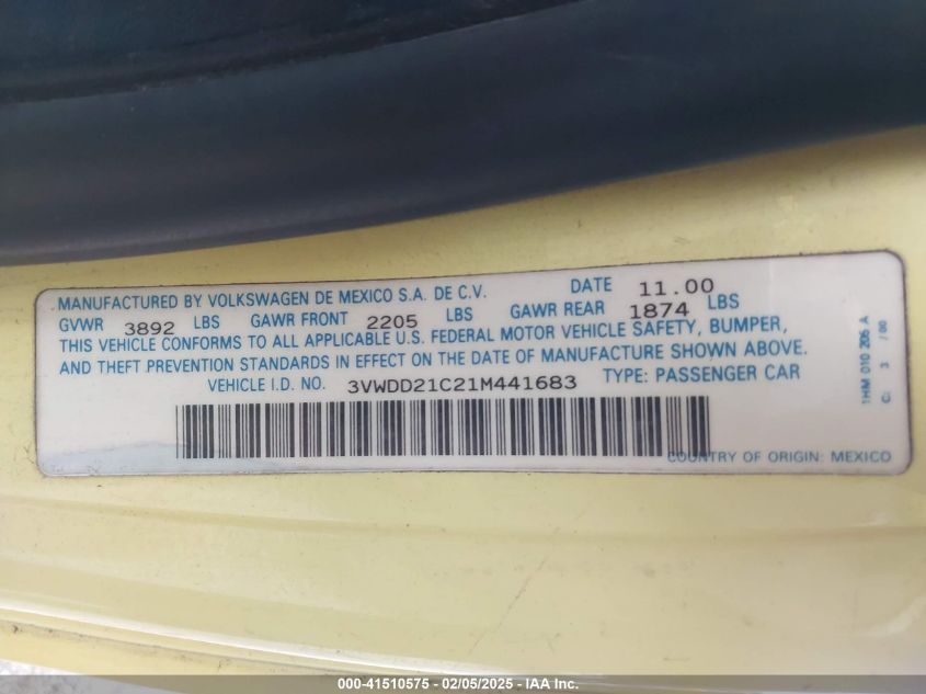 2001 Volkswagen New Beetle Glx VIN: 3VWDD21C21M441683 Lot: 41510575