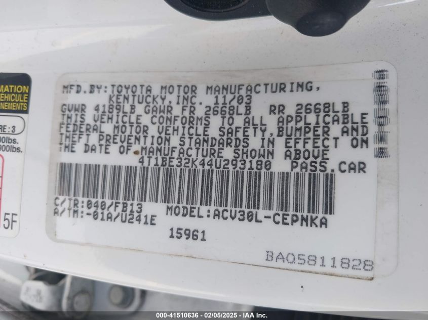 2004 Toyota Camry Le/Se/Std/Xle VIN: 4T1BE32K444293180 Lot: 41510636