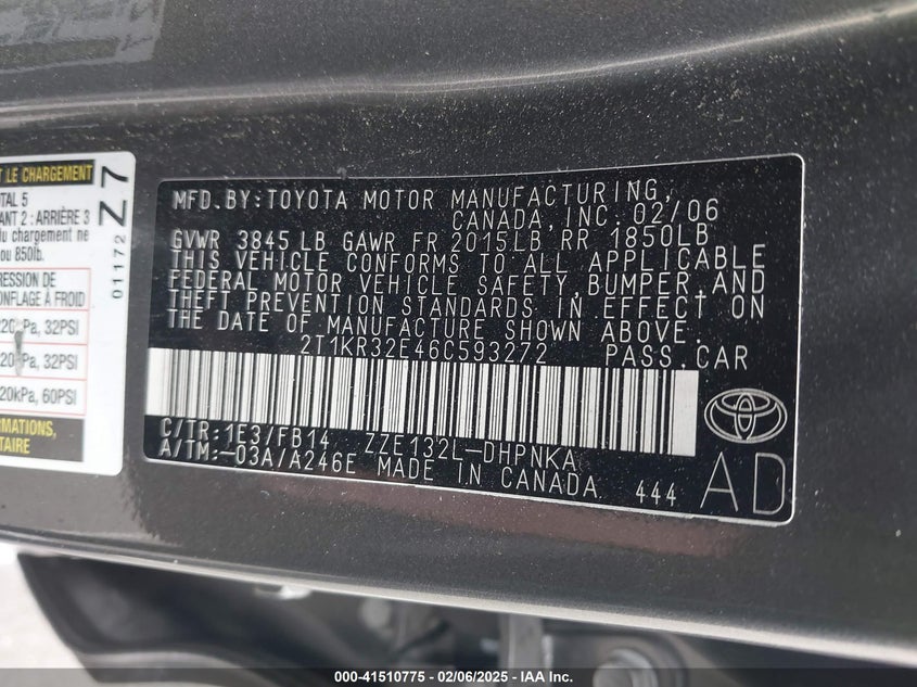 2006 TOYOTA COROLLA MATRIX VIN: 2T1KR32E46C593272