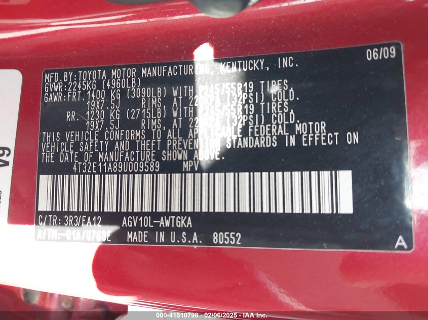 2009 Toyota Venza VIN: 4T3ZE11A89U009589 Lot: 41510798