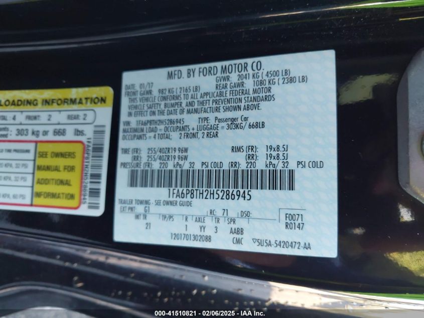 2017 Ford Mustang Ecoboost VIN: 1FA6P8TH2H5286945 Lot: 41510821