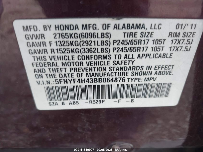 2011 Honda Pilot Ex VIN: 5FNYF4H43BB064876 Lot: 41510907