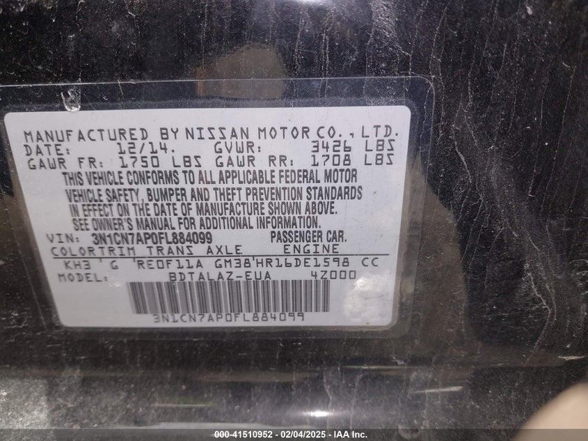 2015 NISSAN VERSA VIN: 3N1CN7AP0FL884099
