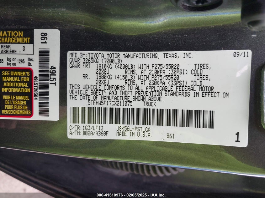 2012 TOYOTA TUNDRA VIN: 5TFHW5F17CX211075