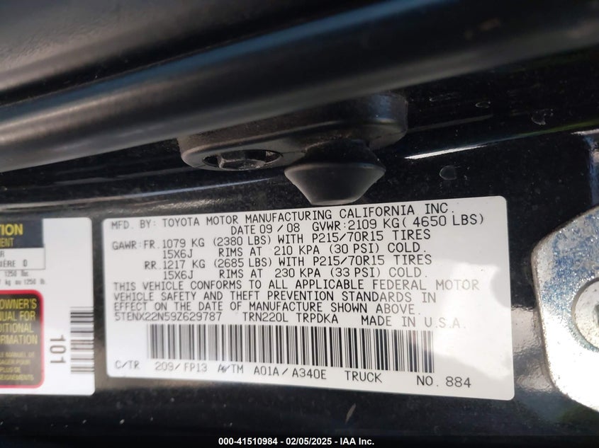 2009 TOYOTA TACOMA VIN: 5TENX22N59Z629787
