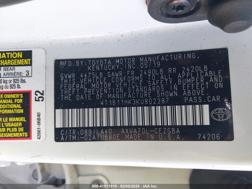 2019 TOYOTA CAMRY VIN: 4T1B11HK3KU802387