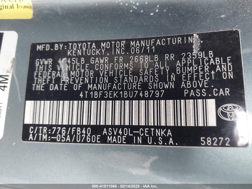 2011 TOYOTA CAMRY VIN: 4T1BF3EK1BU748797