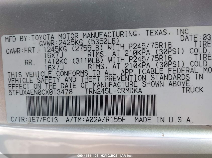 2012 Toyota Tacoma Access Cab VIN: 5TFUX4EN0CX013478 Lot: 41511108