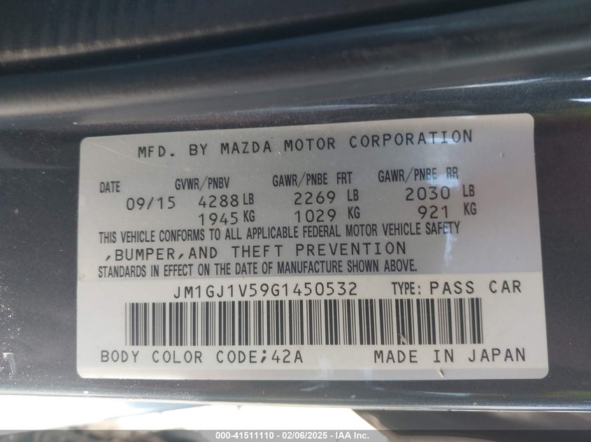 2016 MAZDA 6 VIN: JM1GJ1V59G1450532