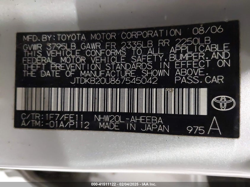 2006 TOYOTA PRIUS VIN: JTDKB20U867545042